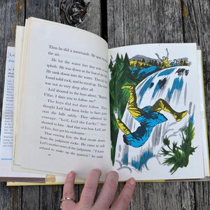 Pu&ograve; includere: Un libro con copertina rigida aperto che presenta testo stampato in nero sulla pagina sinistra e un'illustrazione colorata sulla destra. L'immagine mostra una figura con una tunica blu e leggings gialli che cade da una cascata tra gli alberi.