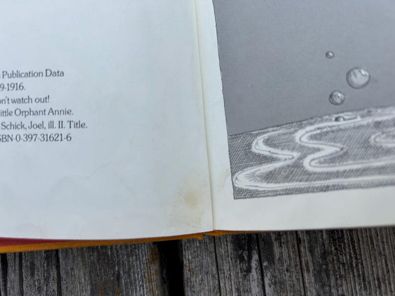 May include: A book page featuring black text on the left side including Publication Data, 9-1916, Little Orphan Annie, and ISBN 0-397-31621-6. The right side displays a black and white illustration of bubbles rising from a wavy, textured surface.