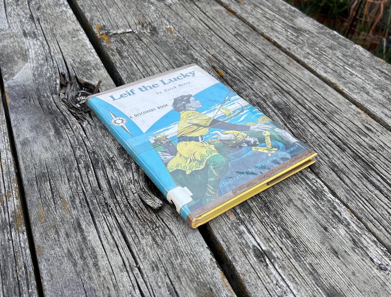 Pu&ograve; includere: Un libro con copertina rigida intitolato Leif the Lucky di Erick Berry, un Discovery Book. La copertina presenta uno sfondo blu e bianco con l'illustrazione di una persona in tunica gialla e pantaloni verdi, con spada ed elmo visibili.