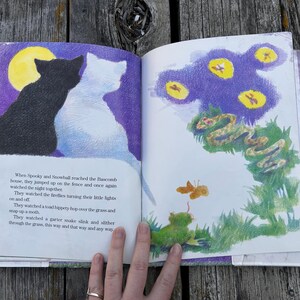 K&ouml;nnte beinhalten: Ein aufgeschlagenes Kinderbuch mit Illustrationen einer schwarzen und einer wei&szlig;en Katze unter einem gelben Mond auf der linken Seite. Die rechte Seite zeigt eine Schlange, eine Kr&ouml;te, eine Motte und gelbe Gl&uuml;hw&uuml;rmchen vor einem violetten Himmel.