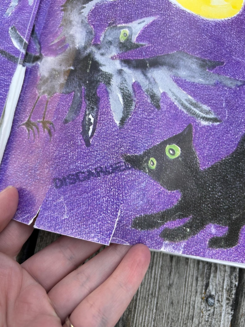 K&ouml;nnte beinhalten: Ein violetter, strukturierter Druck mit einer schwarzen Kr&auml;he mit ausgebreiteten Fl&uuml;geln und einer schwarzen Katze mit leuchtend gr&uuml;nen Augen. In der oberen Ecke ist eine gelbe Kreisform zu sehen. Das Wort DISCARDED ist schwarz neben dem Kopf der Katze gedruckt.