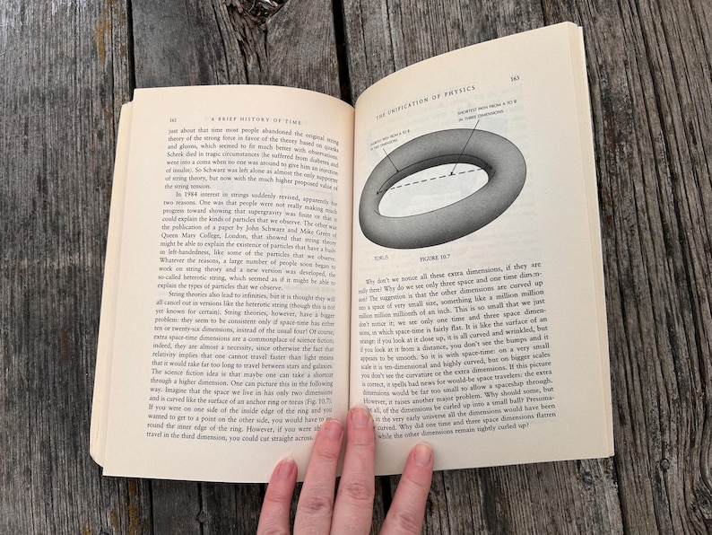 Peut inclure: Livre ouvert avec du texte et un diagramme d'un tore. Les pages sont blanc cass&eacute; et le livre est pos&eacute; sur une surface en bois. Le texte traite de physique et de la th&eacute;orie des cordes. Le diagramme illustre des dimensions suppl&eacute;mentaires.