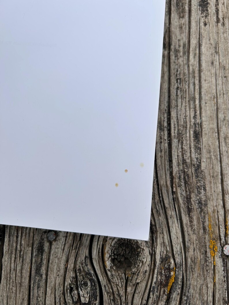 K&ouml;nnte beinhalten: Ein glattes, einfarbig wei&szlig;es, rechteckiges Blatt Papier mit drei kleinen, hellbraunen, kreisf&ouml;rmigen Flecken in der N&auml;he der unteren rechten Ecke, platziert vor einem Hintergrund aus verwitterten, strukturierten grauen und braunen Holzbrettern.
