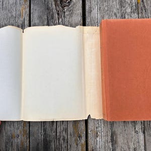 May include: A hardcover book with a solid burnt orange cover and a cream-colored paper dust jacket folded open. The book is positioned flat, revealing the front cover, the spine, and the interior flaps of the jacket, which are plain and blank.