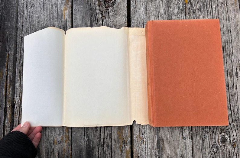 May include: A hardcover book with a solid burnt orange cover and a cream-colored paper dust jacket folded open. The book is positioned flat, revealing the front cover, the spine, and the interior flaps of the jacket, which are plain and blank.