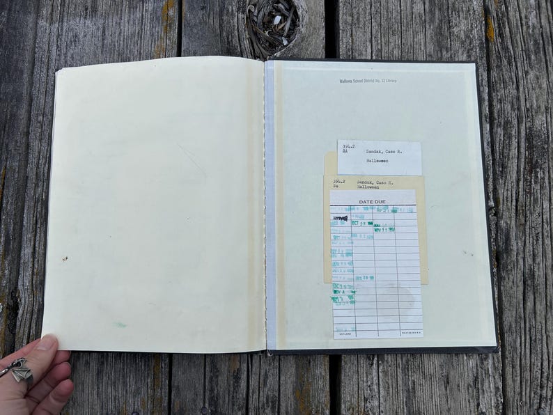 May include: An open book with cream-coloured pages. The right page features a vintage library checkout card with the text DATE DUE and various stamped dates in green ink, along with a smaller white card labelled with typed text and numbers.
