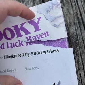 K&ouml;nnte beinhalten: Ein zerrissener Buchumschlag mit dem violetten Text SPOOKY und Luck Raven sowie dem Hinweis Illustrated by Andrew Glass und dem Ort New York in schwarzer Schrift. Der Umschlag hat einen wei&szlig;en Hintergrund mit blauen und violetten Aquarellakzenten.