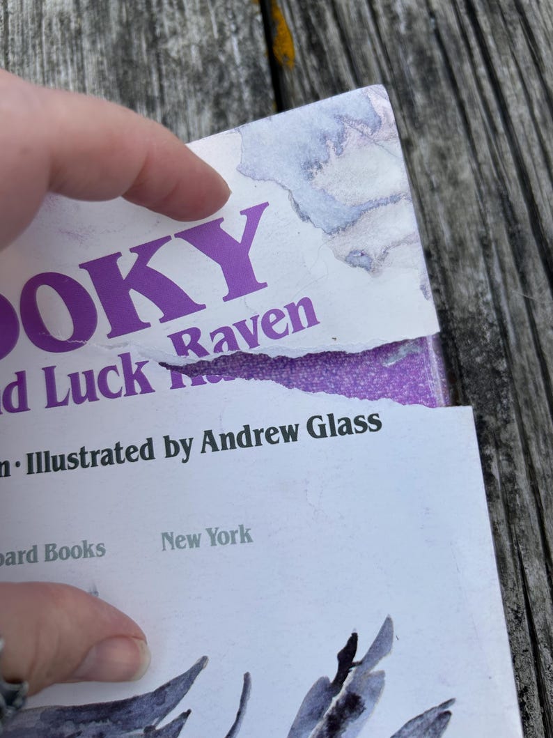 K&ouml;nnte beinhalten: Ein zerrissener Buchumschlag mit dem violetten Text SPOOKY und Luck Raven sowie dem Hinweis Illustrated by Andrew Glass und dem Ort New York in schwarzer Schrift. Der Umschlag hat einen wei&szlig;en Hintergrund mit blauen und violetten Aquarellakzenten.