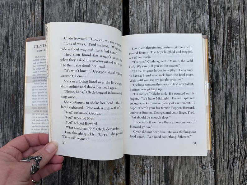 May include: An open book with white pages and black printed text, showing pages 30 and 31. The left page begins with dialogue from Clyde and Fred, while the right page continues the narrative about a girl named Lena and a group of boys.