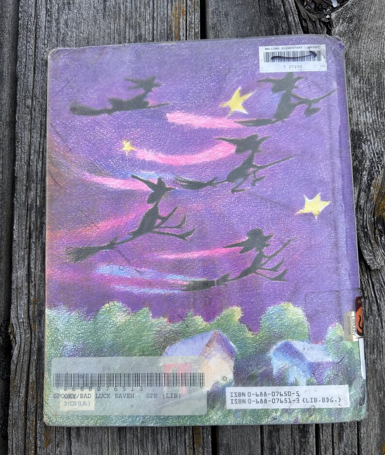 K&ouml;nnte beinhalten: Ein rechteckiges gebundenes Buch mit einer Illustration eines violetten Nachthimmels, die Silhouetten von vier auf Besen fliegenden Hexen, gelbe Sterne und rosa Streifen zeigt. Unten sind gr&uuml;ne B&auml;ume und zwei kleine H&auml;user zu sehen.