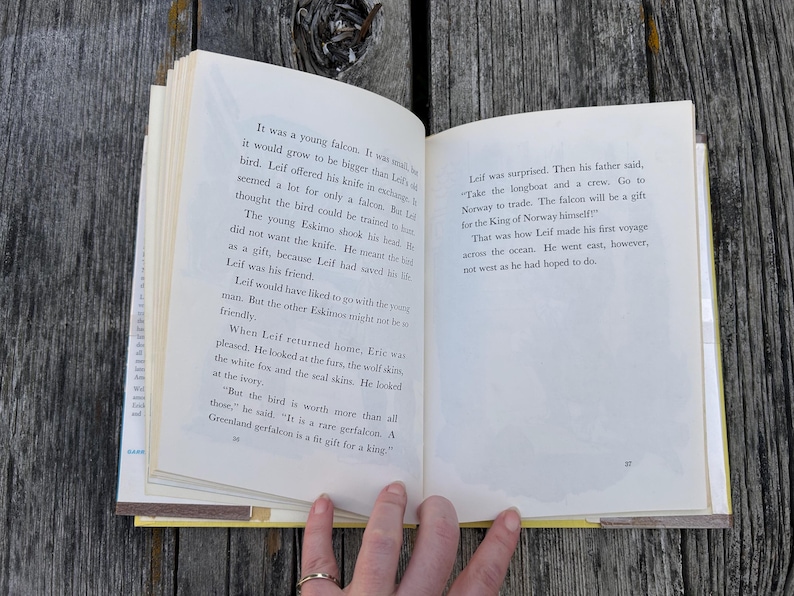 Pu&ograve; includere: Un libro con copertina rigida aperto con pagine color crema e testo stampato in nero. La pagina sinistra contiene paragrafi su un giovane falco e una persona, mentre la pagina destra continua la narrazione su Leif e un viaggio in Norvegia.