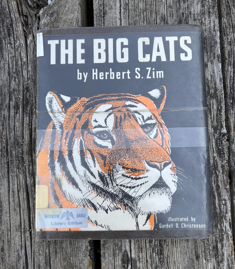 Puede incluir: Un libro de tapa dura titulado The Big Cats de Herbert S. Zim, ilustrado por Gardell D. Christensen. La cubierta negra presenta una ilustraci&oacute;n detallada de un tigre en naranja, negro y blanco, con una etiqueta de Morrow Eagle Library Edition abajo.