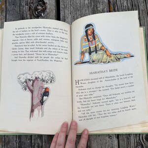 K&ouml;nnte beinhalten: Ein aufgeschlagenes altes Buch mit cremefarbenen Seiten, schwarzem Drucktext und zwei farbigen Illustrationen. Eine Abbildung zeigt eine Person in traditioneller Kleidung, die andere einen Specht auf einem Baumstamm. Das Buch hat einen gr&uuml;nen Buchr&uuml;cken.