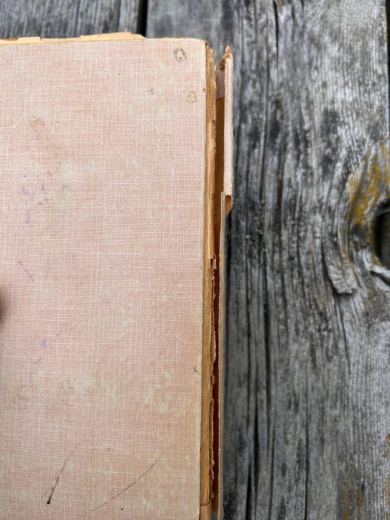 K&ouml;nnte beinhalten: Ein hellbeiges, texturiertes Hardcover-Buch mit sichtbaren Abnutzungserscheinungen an der Buchr&uuml;cken-Kante. Das Einbandmaterial weist Ausfransungen, kleine dunkle Flecken und leichte Verf&auml;rbungen auf, die auf Alter und Gebrauch hindeuten.