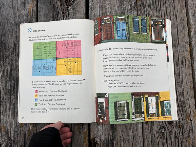 May include: An open book page titled 9 Easy Streets featuring a colourful map divided into four quadrants, illustrations of numbered house doors, and instructional text explaining the grid system of Washington streets with numbered locations.