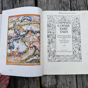 May include: An open hardcover book titled Chimney Corner Fairy Tales, collected by Veronica S. Hutchinson with drawings by Lois Lenski. The left page features a colorful illustration of a rural landscape, while the right page displays the title text.