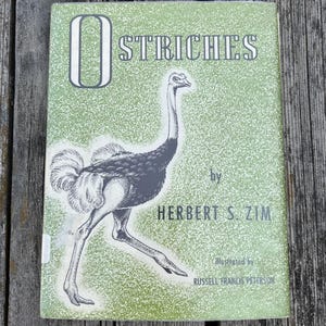 May include: A hardback book titled OSTRICHES by Herbert S. Zim, illustrated by Russell Francis Peterson. The cover features a green background with a white speckled pattern and a black and white line drawing of an ostrich in the centre.