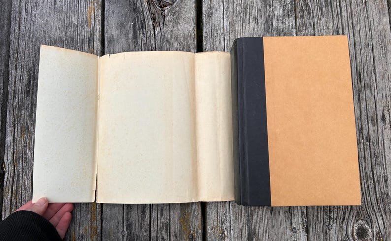 K&ouml;nnte beinhalten: Ein Hardcover-Buch mit einem einfarbigen schwarzen Buchr&uuml;cken und hellbraunen Buchdeckeln. Das Buch ist ge&ouml;ffnet und zeigt eine cremefarbene Schutzumschlagklappe sowie Vorsatzbl&auml;tter. Die Seiten sind schlicht und cremewei&szlig; ohne Text.