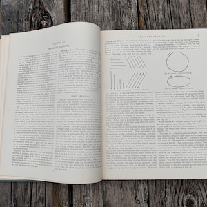Pu&ograve; includere: Un libro di istruzioni aperto intitolato Freehand Drawing con testo nero su pagine color bianco sporco. La pagina sinistra contiene paragrafi di testo, mentre la pagina destra presenta diagrammi di linee, cerchi ed ellissi con etichette.