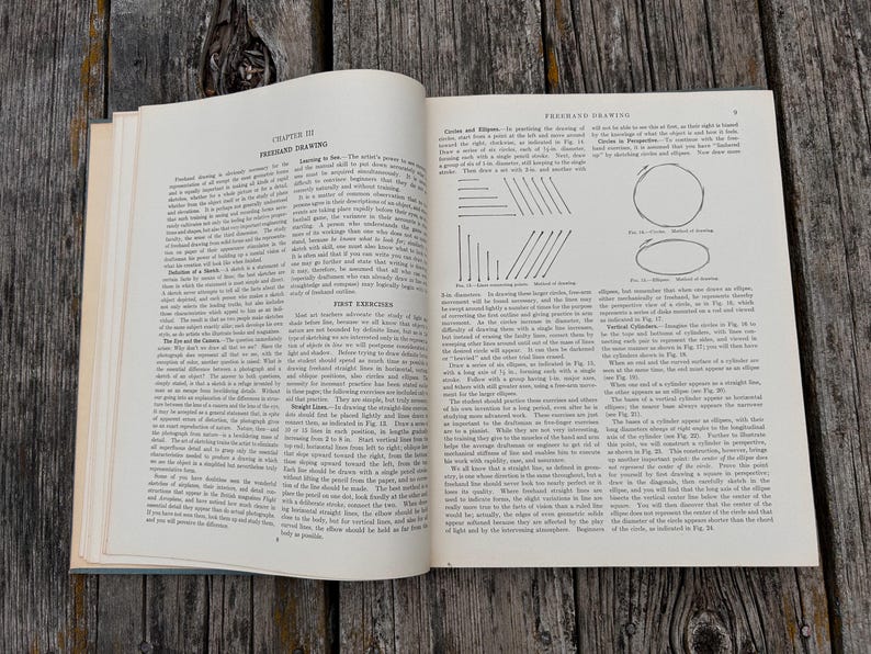 Pu&ograve; includere: Un libro di istruzioni aperto intitolato Freehand Drawing con testo nero su pagine color bianco sporco. La pagina sinistra contiene paragrafi di testo, mentre la pagina destra presenta diagrammi di linee, cerchi ed ellissi con etichette.