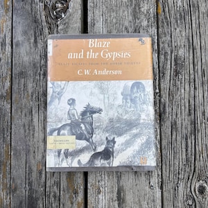 May include: A hardcover book titled Blaze and the Gypsies by C. W. Anderson, featuring a tan upper cover with black text and a black-and-white illustration of a child on a horse with a dog and a wagon below, plus a Macmillan library edition label.