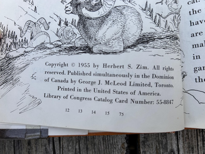 Puede incluir: Una ilustraci&oacute;n en blanco y negro en una p&aacute;gina de libro que muestra un carnero de las Rocosas. El texto dice: Copyright 1955 by Herbert S. Zim. All rights reserved. Published simultaneously in the Dominion of Canada by George J. McLeod Limited.