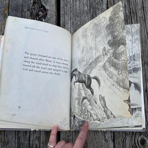 May include: An open vintage book with page 26 visible, featuring black text and a detailed black and white illustration of a horse jumping over a stone wall. The text reads: The gypsy jumped on one of his horses and chased after Blaze.