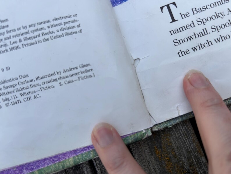 K&ouml;nnte beinhalten: Ein aufgeschlagenes Buch mit wei&szlig;en Seiten und schwarzem Drucktext. Die linke Seite zeigt Publikationsdaten und Copyright-Informationen, w&auml;hrend die rechte Seite einen Textauszug enth&auml;lt. Es gibt einen kleinen Riss im Papier nahe der Bindung.