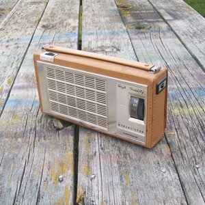 Może przedstawiać: Prostokątne przenośne radio tranzystorowe z obudową w kolorze opalenizny przypominającą sk&oacute;rę oraz srebrnym metalowym panelem przednim. Urządzenie posiada kratkę głośnika, pokrętło strojenia oraz nadruk High Fidelity, 8 Transistor i Oritone.