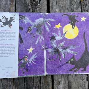 K&ouml;nnte beinhalten: Ein Kinderbuch mit einem violetten Einband, der schwarze Raben, schwarze Katzen, gelbe Sterne und einen gelben Mond zeigt. Die linke Umschlagklappe enth&auml;lt gedruckten Text, der mit Crawk! Crack! und Bump! Crash! Crack! beginnt und eine Katze beschreibt.