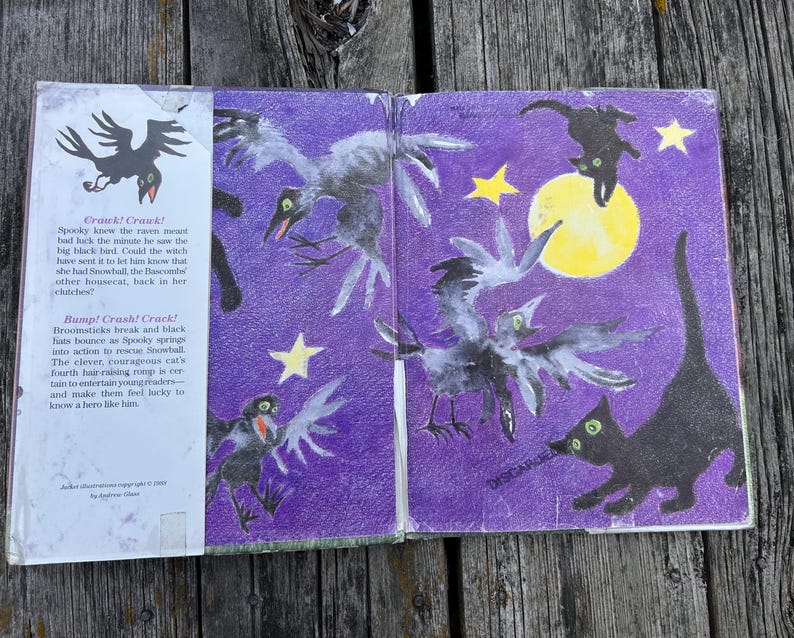 K&ouml;nnte beinhalten: Ein Kinderbuch mit einem violetten Einband, der schwarze Raben, schwarze Katzen, gelbe Sterne und einen gelben Mond zeigt. Die linke Umschlagklappe enth&auml;lt gedruckten Text, der mit Crawk! Crack! und Bump! Crash! Crack! beginnt und eine Katze beschreibt.