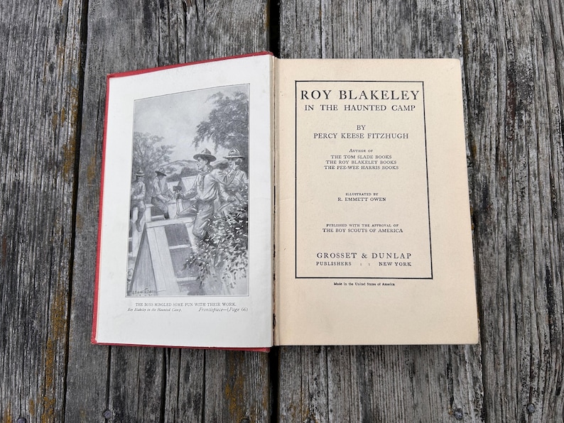 May include: An open hardcover book titled Roy Blakeley in the Haunted Camp by Percy Keese Fitzhugh. The left page features a black and white illustration of scouts, while the right page displays the title, author, and publisher Grosset & Dunlap.