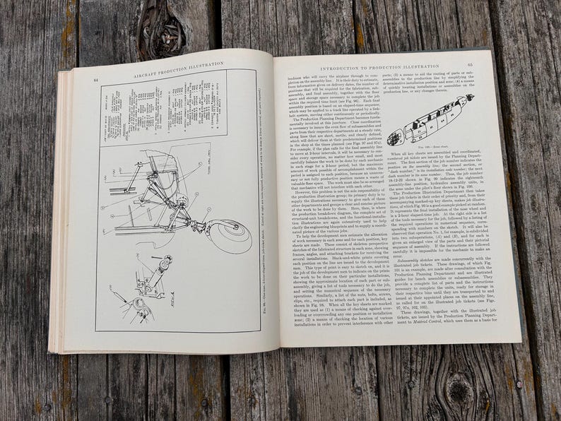 Pu&ograve; includere: Un libro aperto intitolato Introduction to Production Illustration con le pagine 64 e 65 visibili. Le pagine contengono testo tecnico e disegni al tratto in bianco e nero di componenti di aeromobili, inclusi schemi del carrello di atterraggio.