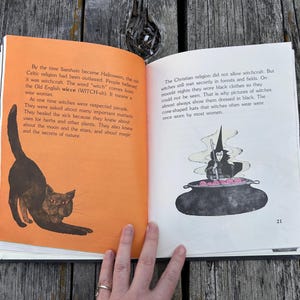 May include: An open book with two pages of text. The left page has an orange background and an illustration of a black cat with red eyes. The right page is white with black text and an illustration of a witch stirring a black cauldron.