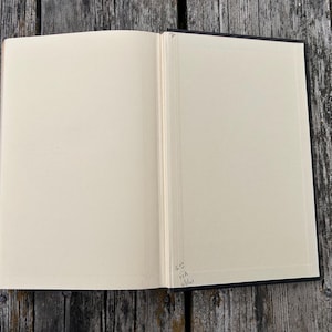 Pu&ograve; includere: Un libro aperto con pagine bianche color crema. Il dorso &egrave; visibile al centro e c'&egrave; una piccola scritta a mano nell'angolo in basso a destra della pagina di destra. Il libro ha una copertina scura ed &egrave; disposto in posizione piana.