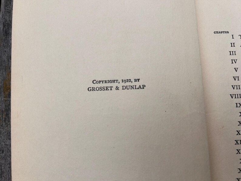 May include: A page from a book featuring the printed text COPYRIGHT, 1922, BY GROSSET & DUNLAP centered on the page. To the right, a partial list of chapters is visible, starting with the word CHAPTER followed by Roman numerals I through XII.
