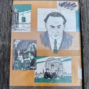 May include: A hardcover book with a tan cover featuring a black and white portrait of a man in a suit and tie, alongside three illustrations depicting a crane lifting a crate, a group of people at a table, and a person near a Ferris wheel.