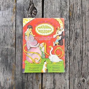 Op de afbeelding: Een vintage kinderboek getiteld "A Child's Book of Natural History" met illustraties van dieren en kinderen. De omslag is rood met een gele rand en toont een nijlpaard, een giraffe en een zwaan. Het boek ligt op een verweerd houten oppervlak.