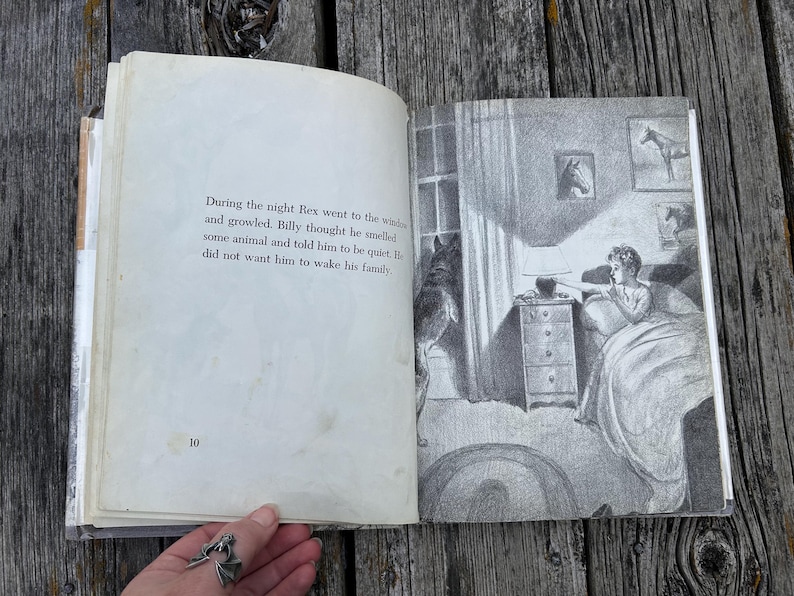 May include: An open book with black and white illustrations and text on page 10. The text reads: During the night Rex went to the window and growled. Billy thought he smelled some animal and told him to be quiet. He did not want him to wake his family.