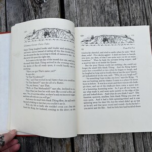 May include: An open hardcover book titled Chimney Corner Fairy Tales with cream-colored pages featuring black printed text and small black and white illustrations at the top of each page. The story text includes the title Tom-Tit-Tot.
