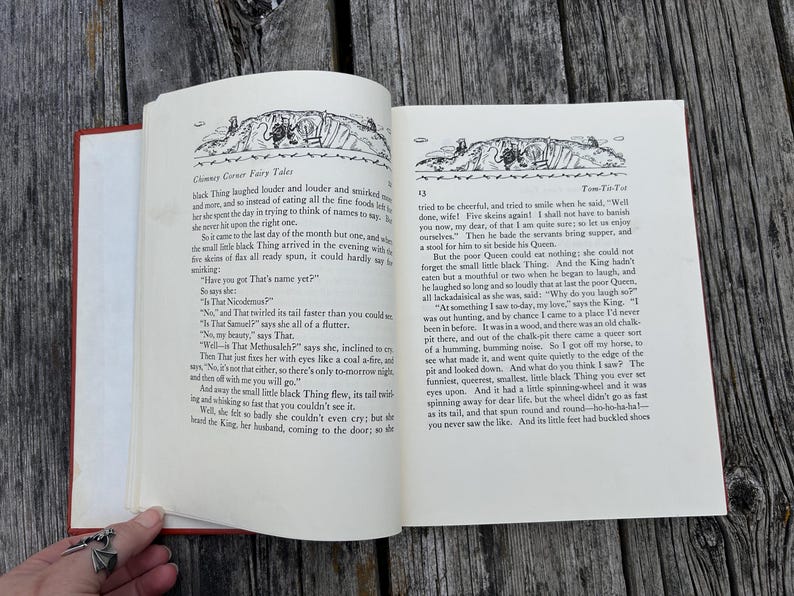May include: An open hardcover book titled Chimney Corner Fairy Tales with cream-colored pages featuring black printed text and small black and white illustrations at the top of each page. The story text includes the title Tom-Tit-Tot.