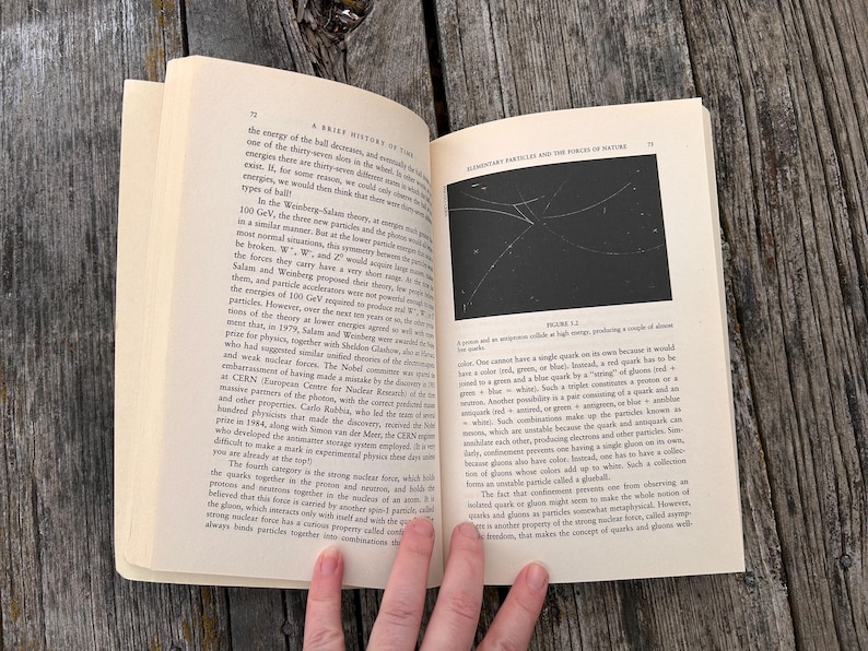 Peut inclure: Un livre ouvert avec du texte et un diagramme sur une surface en bois. Les pages sont jaunies et le texte est en noir. Le diagramme est une illustration en noir et blanc de lignes. Le livre est intitul&eacute; "A Brief History of Time".