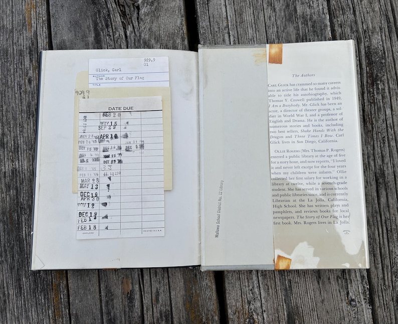 May include: An open hardcover book with a library checkout card and pocket attached to the left page. The right page features a printed biography titled The Authors. The text includes details about Carl Glick and Ollie Rogers.