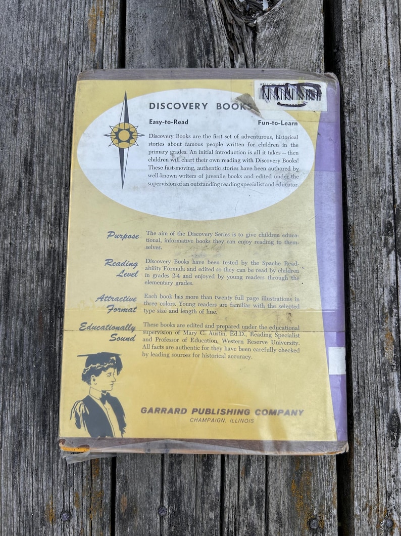 May include: The back cover of a Discovery Books volume by Garrard Publishing Company. It features a yellow and purple background with a white oval containing text about the series, including the headings Purpose, Reading Level, and Format.