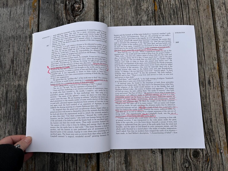 K&ouml;nnte beinhalten: Ein aufgeschlagenes Buch mit wei&szlig;en Seiten und schwarzem Drucktext. Mehrere Textzeilen sind mit roter Tinte markiert, und rote handschriftliche Zeichen befinden sich an den R&auml;ndern. Das Buch liegt flach und zeigt zwei Seiten mit dichtem Text.