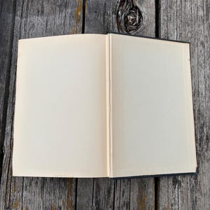 May include: An open hardcover book with blank, off-white pages. The book is positioned flat, revealing the central binding and two empty, rectangular pages. The paper has a smooth texture, and the spine is visible between the two open pages.