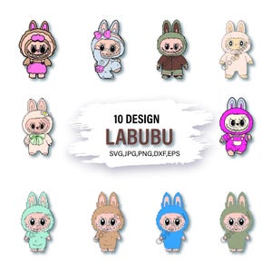 Bundle Labubu SVG – 10 personnages de lapin mignons pour Cricut, Kawaii Clipart PNG, téléchargement numérique, fichiers Dxf Eps Jpg
