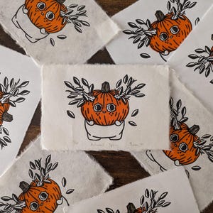 Original Handmade Linocut Print // Forest Sprite With Pumpkin