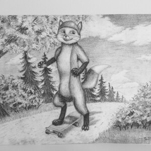 May include: Pencil drawing of a fox on a skateboard. The fox is anthropomorphic, wearing a hat, and standing on a skateboard on a path in a forest setting. The artwork is in black and white.