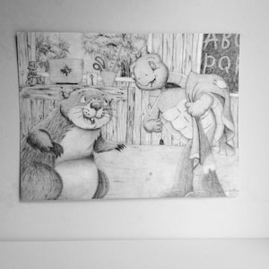Graphite drawing of an anthropomorphic young beaver and turtle